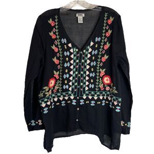 Monroe andMain Black Floral Embroidered Breathable Thin Blouse J-Was Vibes Large